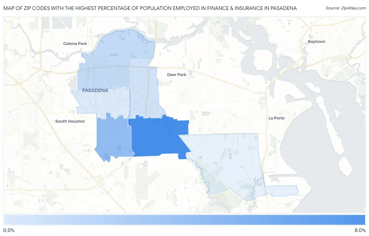 Zip Codes with the Highest Percentage of Population Employed in Finance & Insurance in Pasadena Map