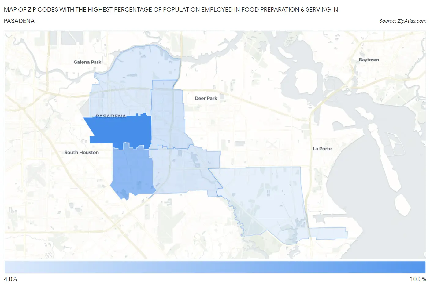 Zip Codes with the Highest Percentage of Population Employed in Food Preparation & Serving in Pasadena Map