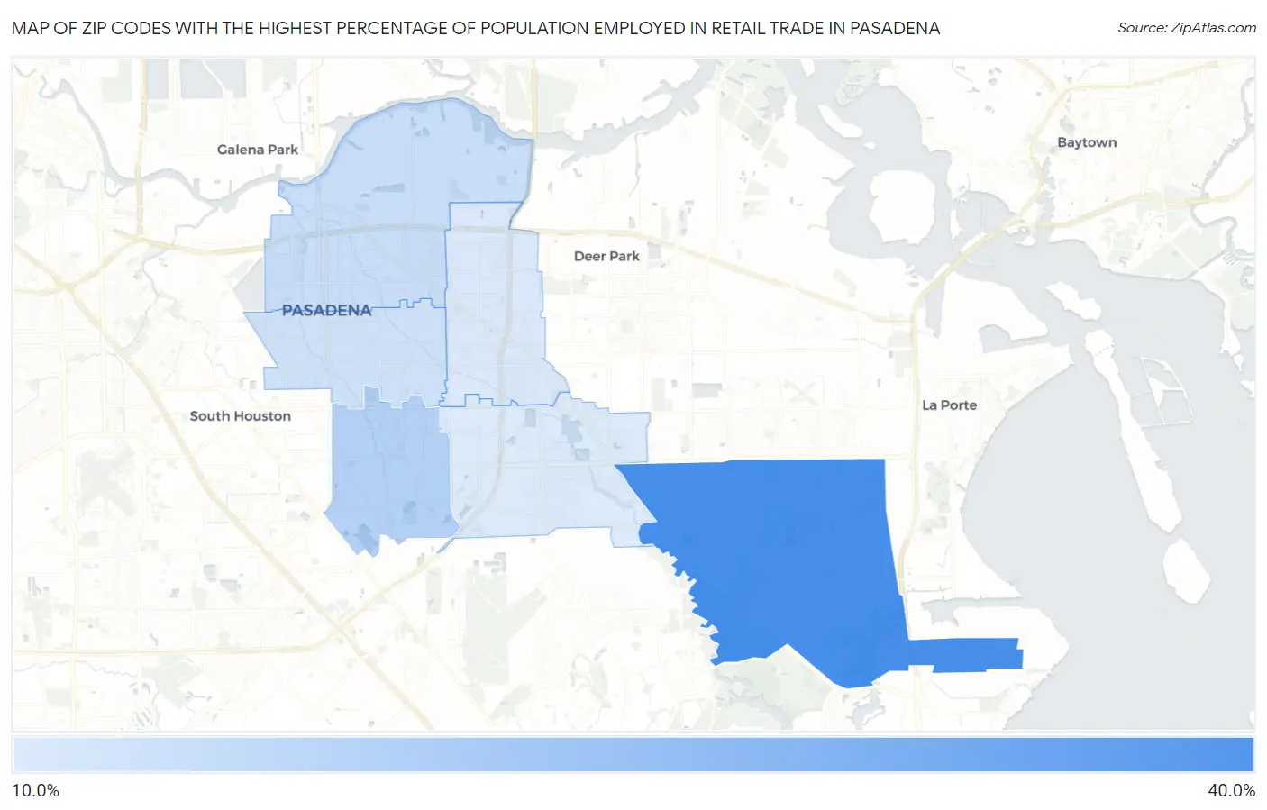Zip Codes with the Highest Percentage of Population Employed in Retail Trade in Pasadena Map