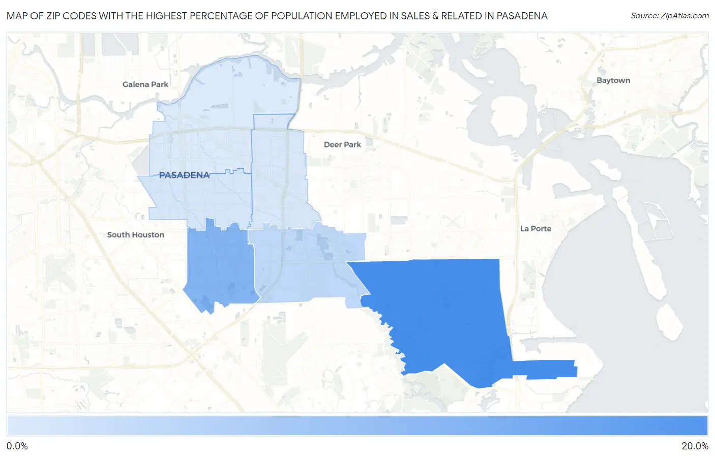 Zip Codes with the Highest Percentage of Population Employed in Sales & Related in Pasadena Map