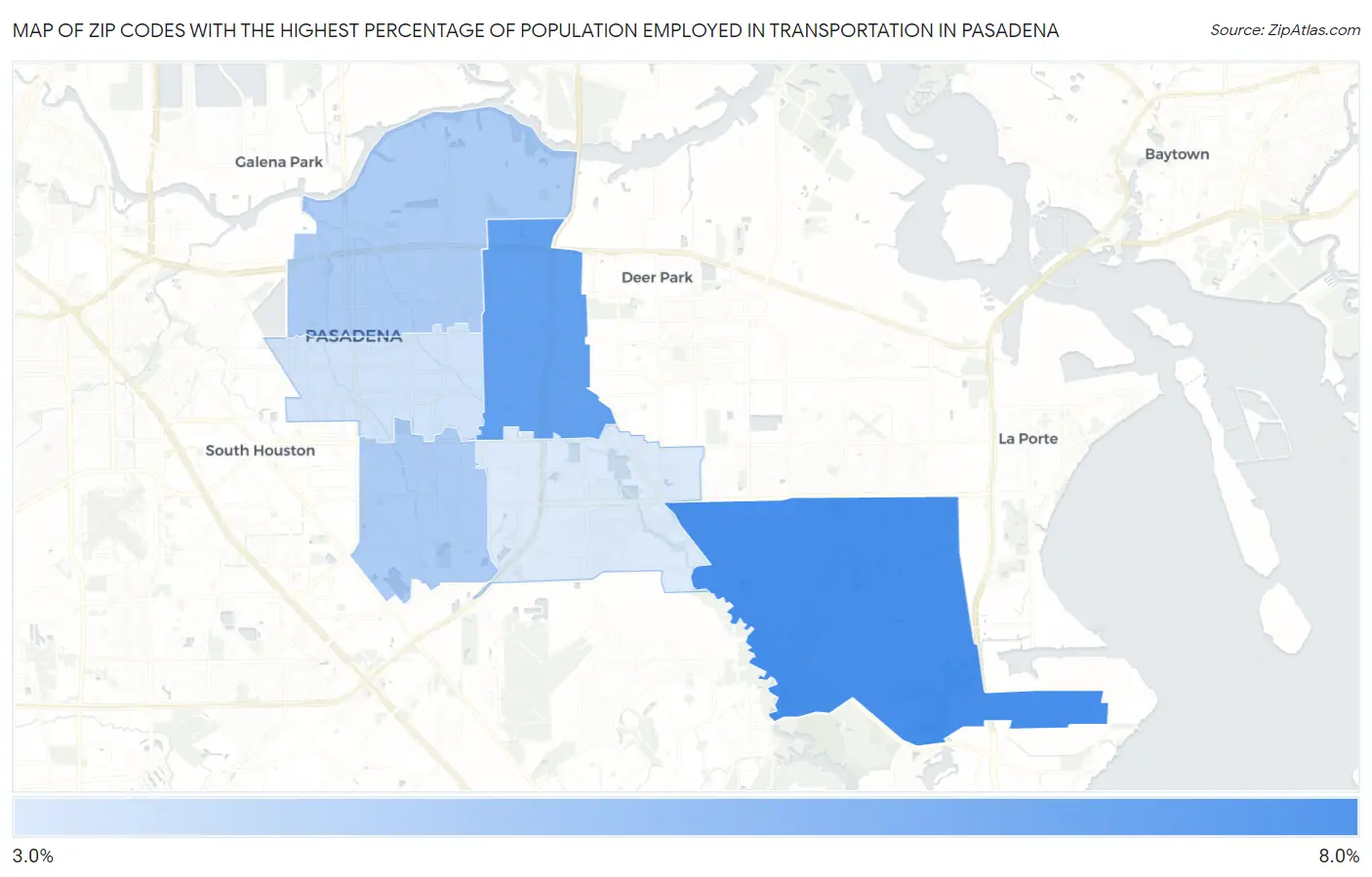 Zip Codes with the Highest Percentage of Population Employed in Transportation in Pasadena Map