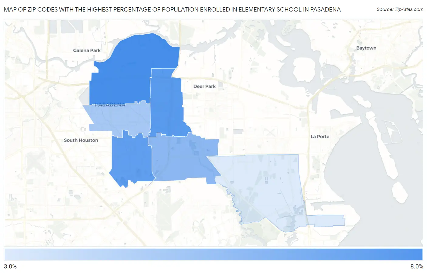 Zip Codes with the Highest Percentage of Population Enrolled in Elementary School in Pasadena Map