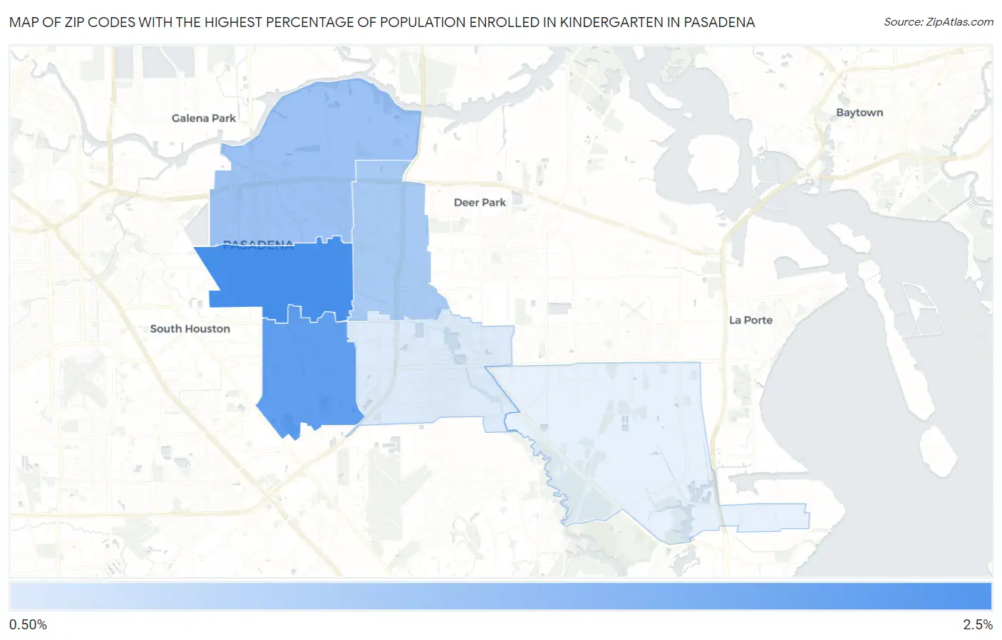 Zip Codes with the Highest Percentage of Population Enrolled in Kindergarten in Pasadena Map