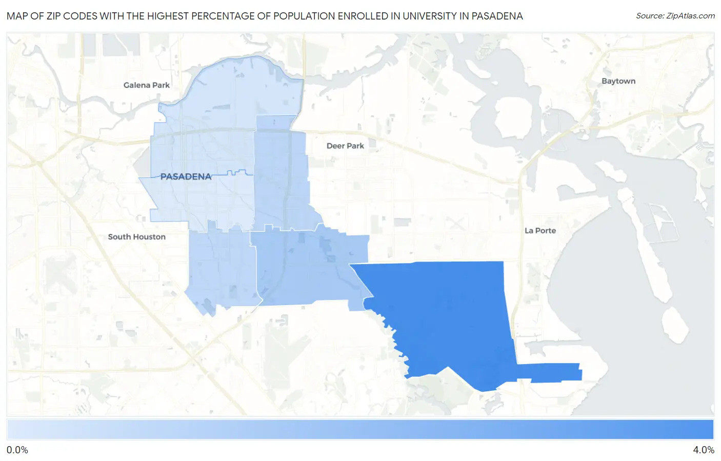 Zip Codes with the Highest Percentage of Population Enrolled in University in Pasadena Map