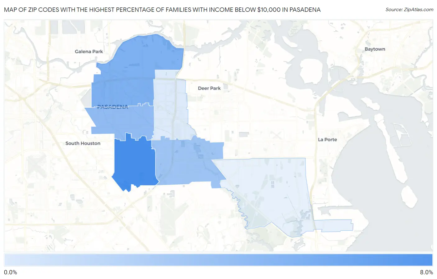 Zip Codes with the Highest Percentage of Families with Income Below $10,000 in Pasadena Map