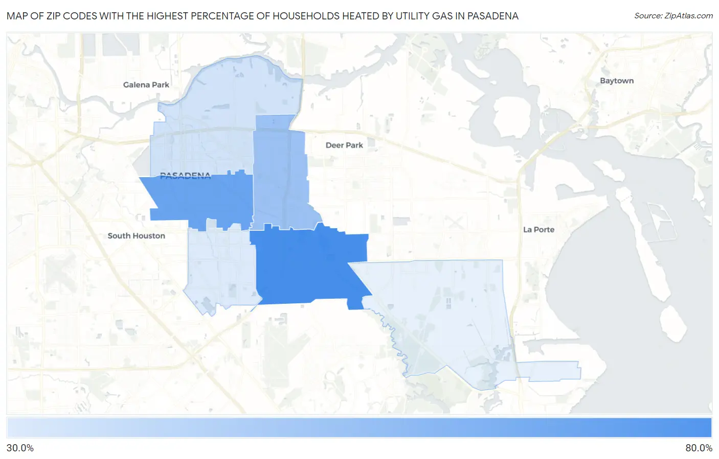 Zip Codes with the Highest Percentage of Households Heated by Utility Gas in Pasadena Map