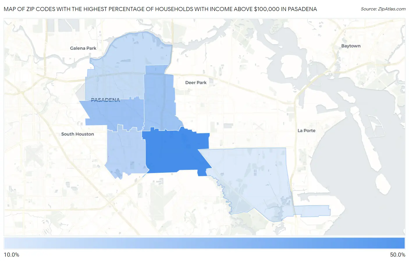 Zip Codes with the Highest Percentage of Households with Income Above $100,000 in Pasadena Map