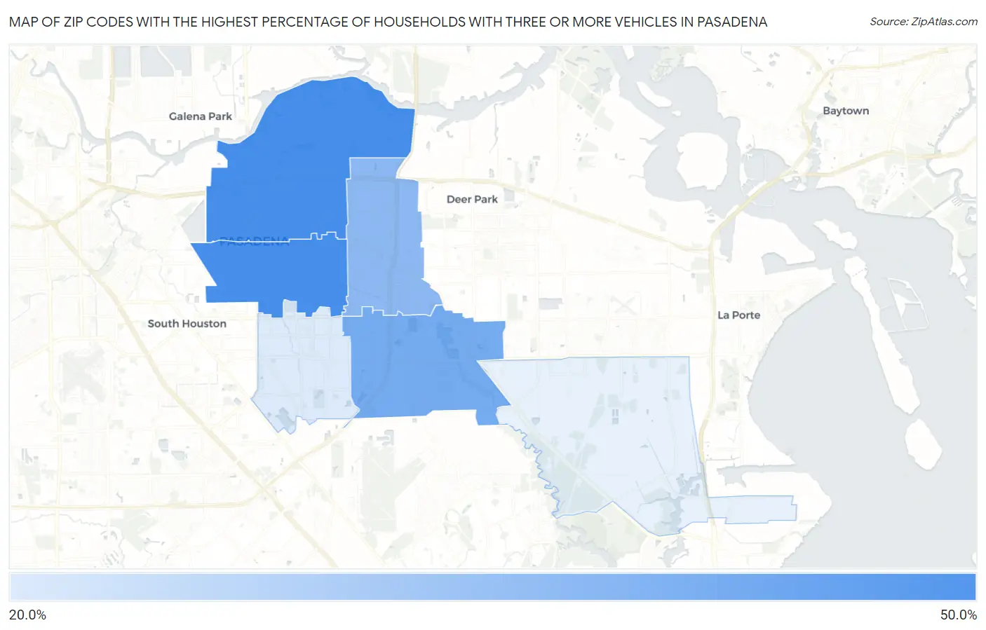Zip Codes with the Highest Percentage of Households With Three or more Vehicles in Pasadena Map
