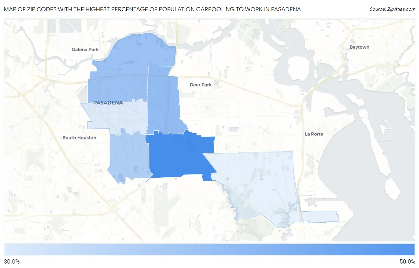 Zip Codes with the Highest Percentage of Population Carpooling to Work in Pasadena Map
