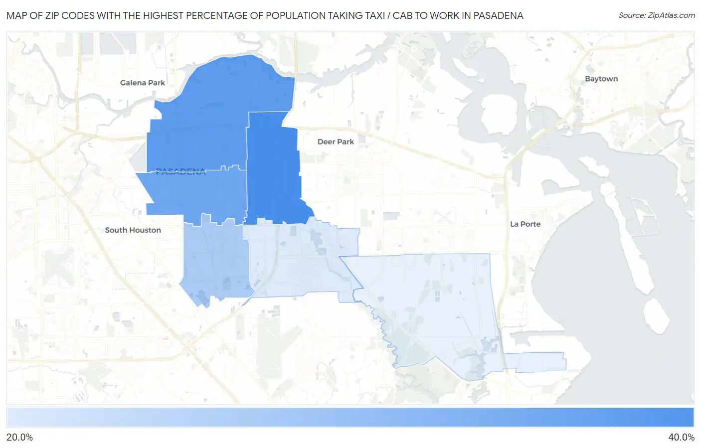 Zip Codes with the Highest Percentage of Population Taking Taxi / Cab to Work in Pasadena Map