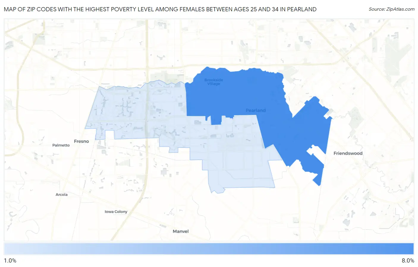 Zip Codes with the Highest Poverty Level Among Females Between Ages 25 and 34 in Pearland Map