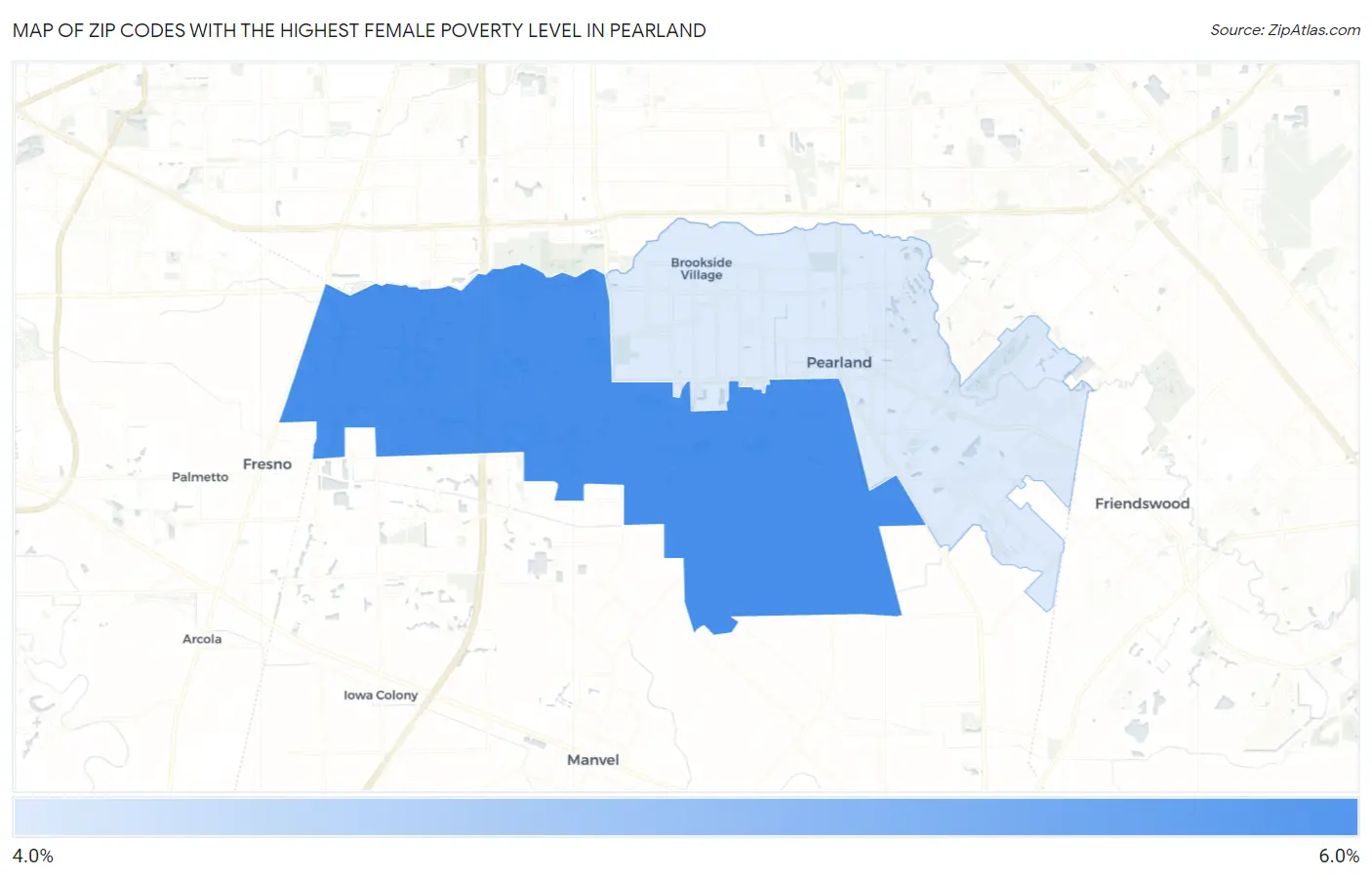 Zip Codes with the Highest Female Poverty Level in Pearland Map