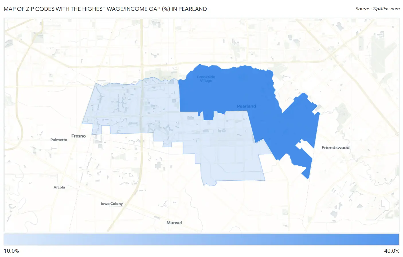 Zip Codes with the Highest Wage/Income Gap (%) in Pearland Map