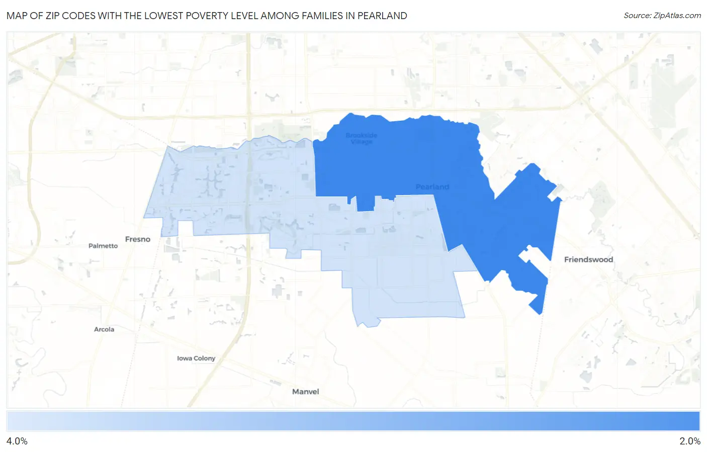 Zip Codes with the Lowest Poverty Level Among Families in Pearland Map