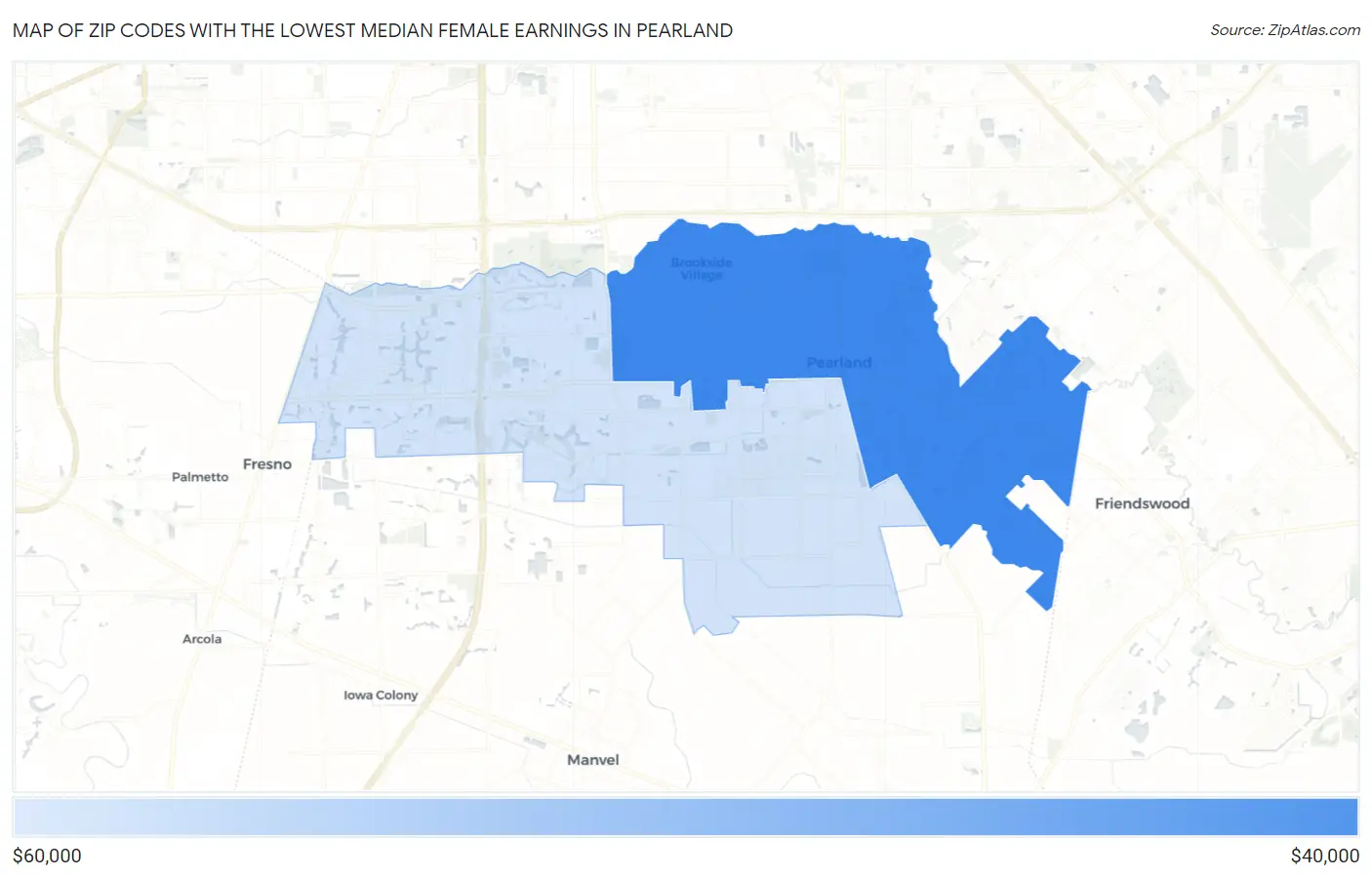 Zip Codes with the Lowest Median Female Earnings in Pearland Map