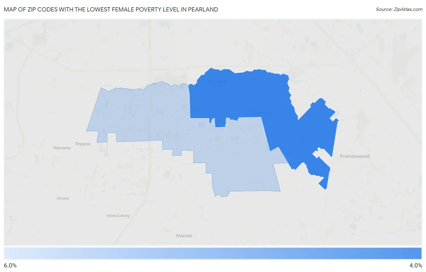 Zip Codes with the Lowest Female Poverty Level in Pearland Map