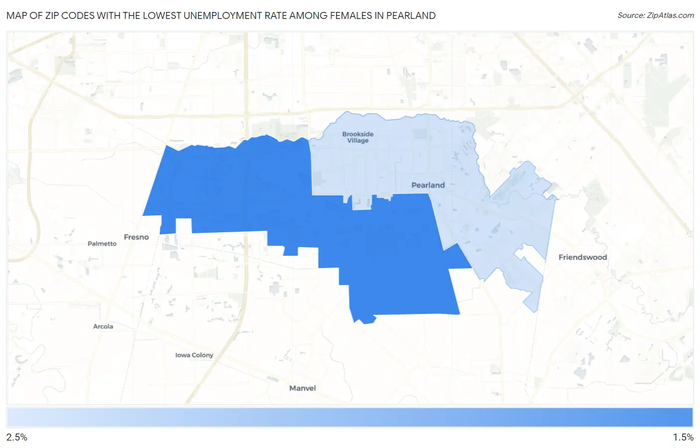 Zip Codes with the Lowest Unemployment Rate Among Females in Pearland Map