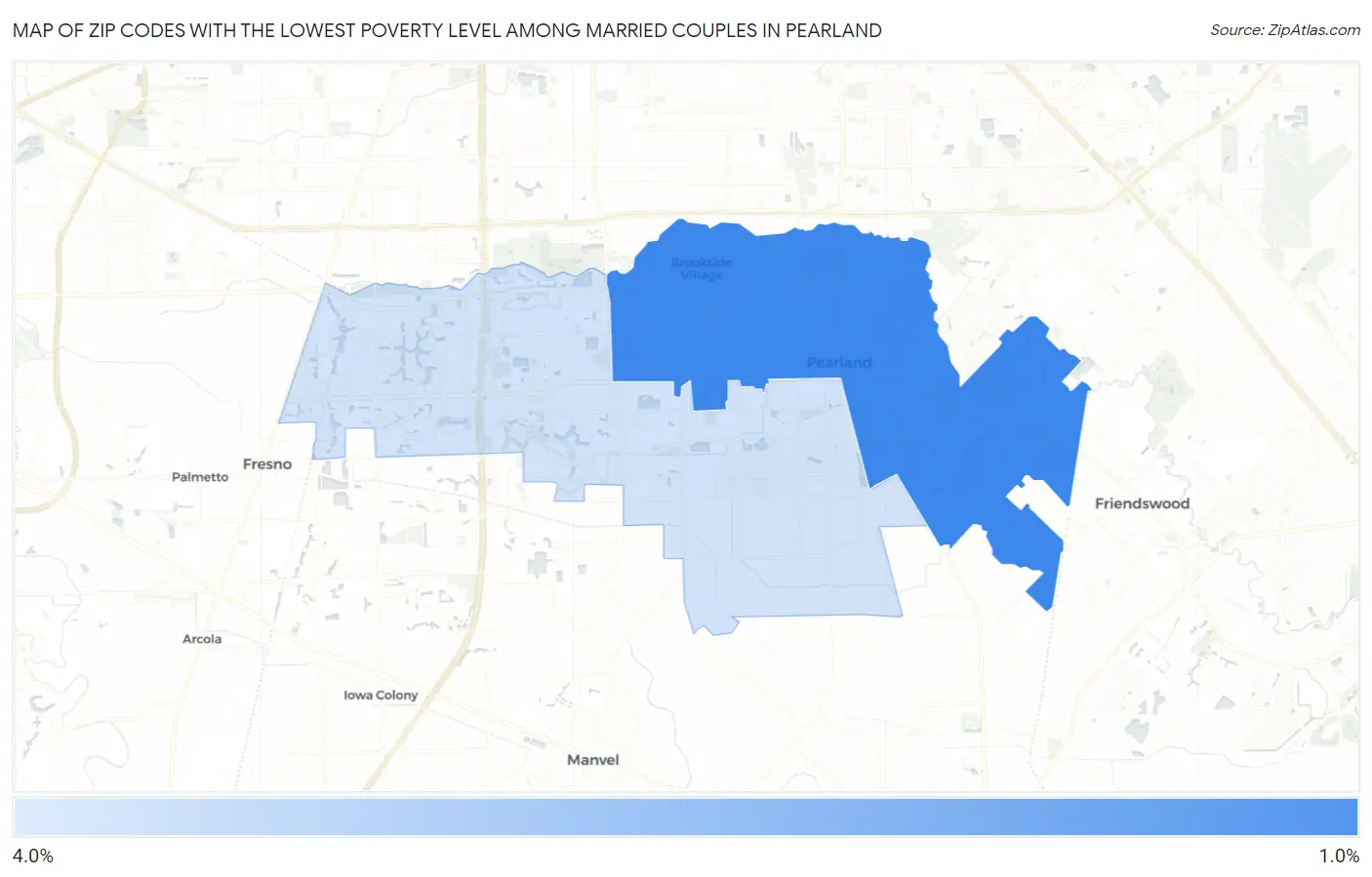 Zip Codes with the Lowest Poverty Level Among Married Couples in Pearland Map