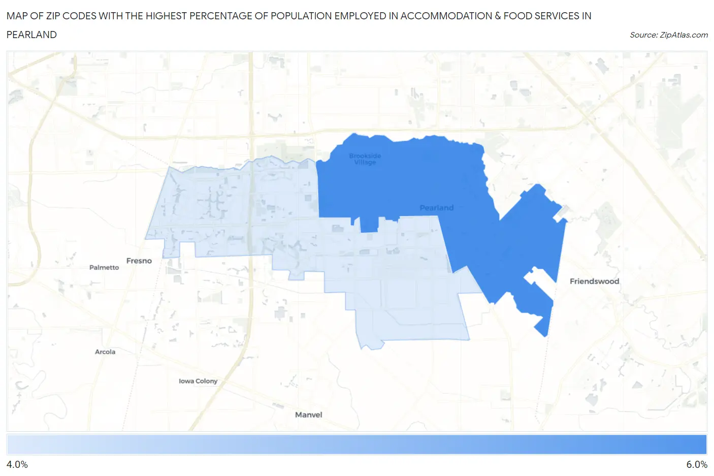 Zip Codes with the Highest Percentage of Population Employed in Accommodation & Food Services in Pearland Map