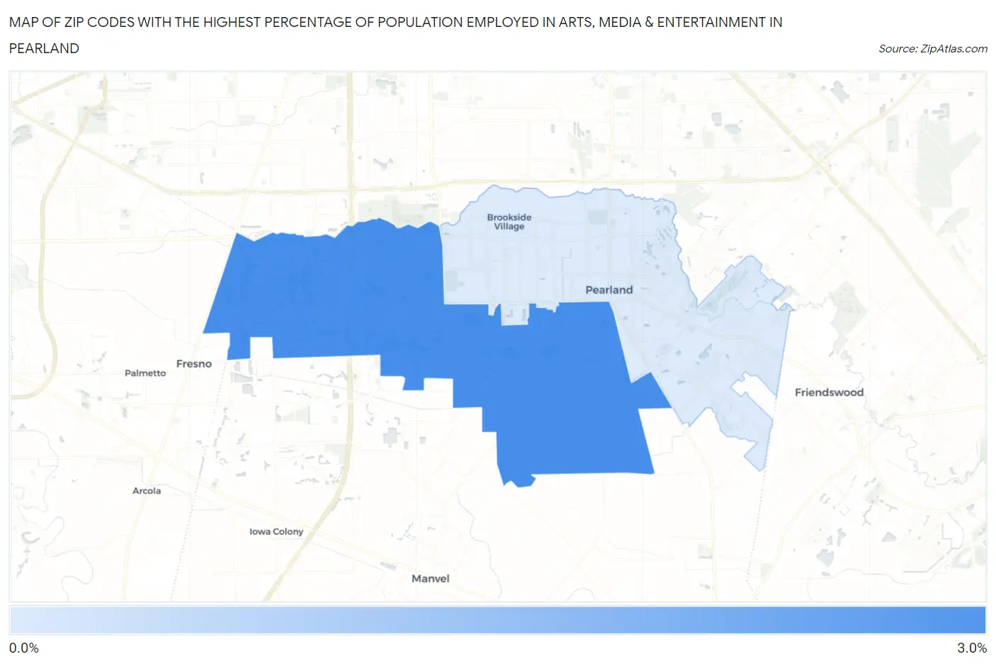 Zip Codes with the Highest Percentage of Population Employed in Arts, Media & Entertainment in Pearland Map