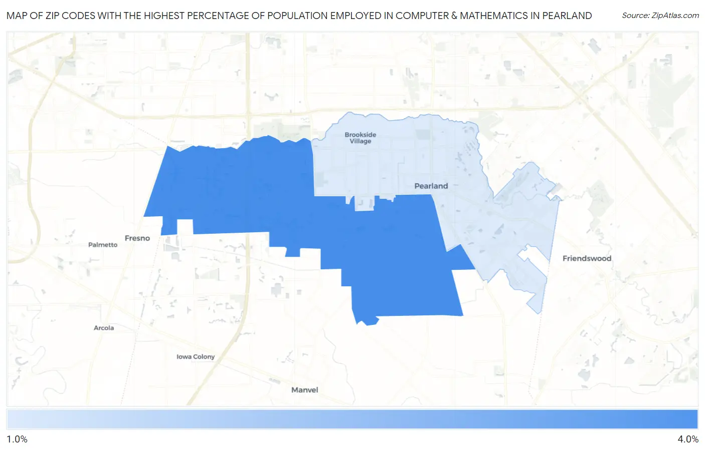 Zip Codes with the Highest Percentage of Population Employed in Computer & Mathematics in Pearland Map