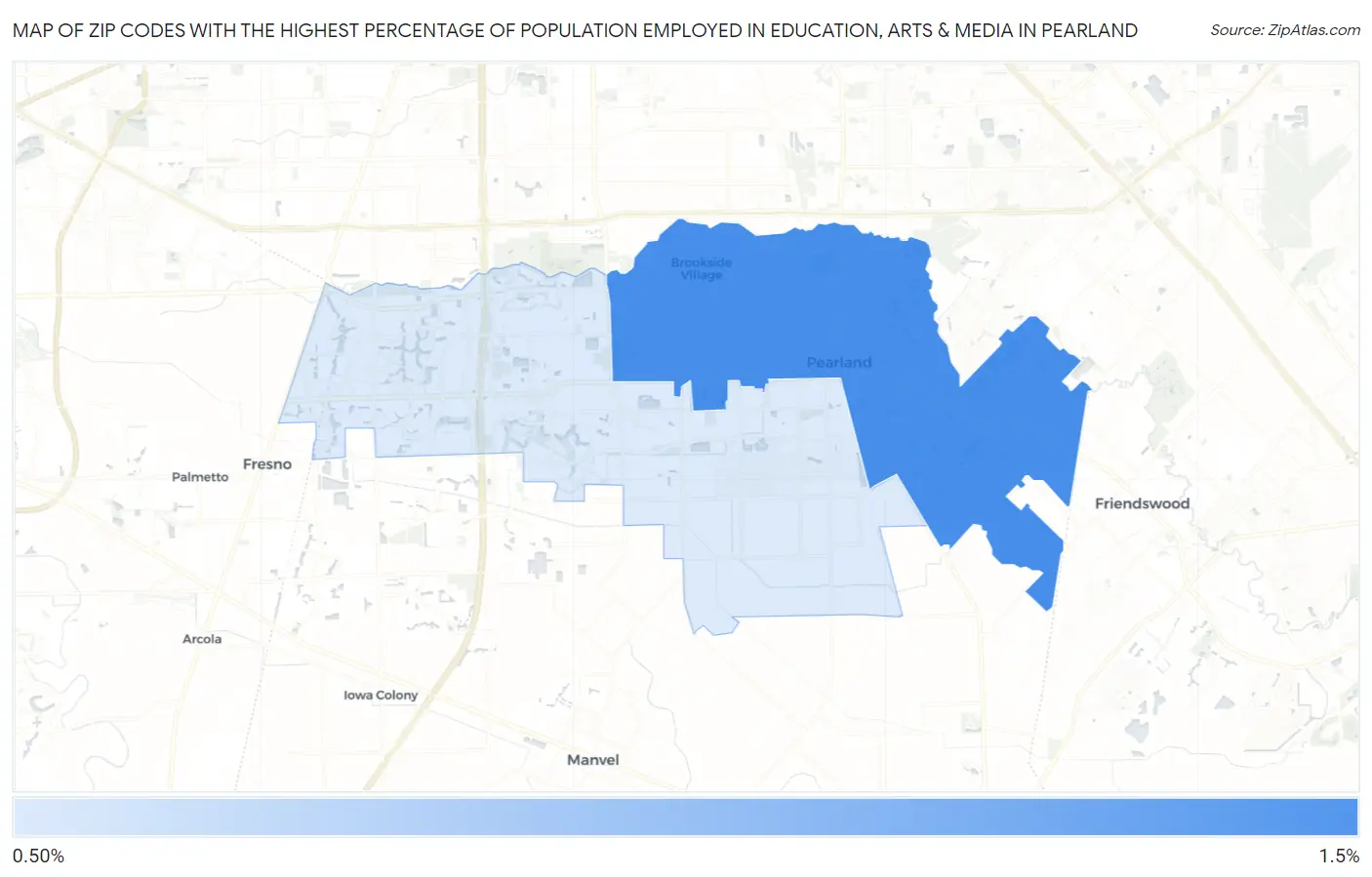 Zip Codes with the Highest Percentage of Population Employed in Education, Arts & Media in Pearland Map