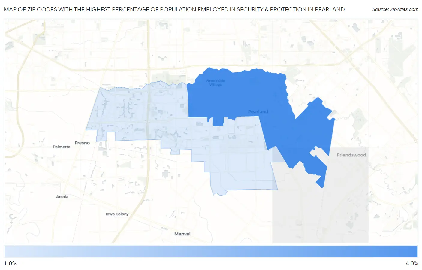 Zip Codes with the Highest Percentage of Population Employed in Security & Protection in Pearland Map