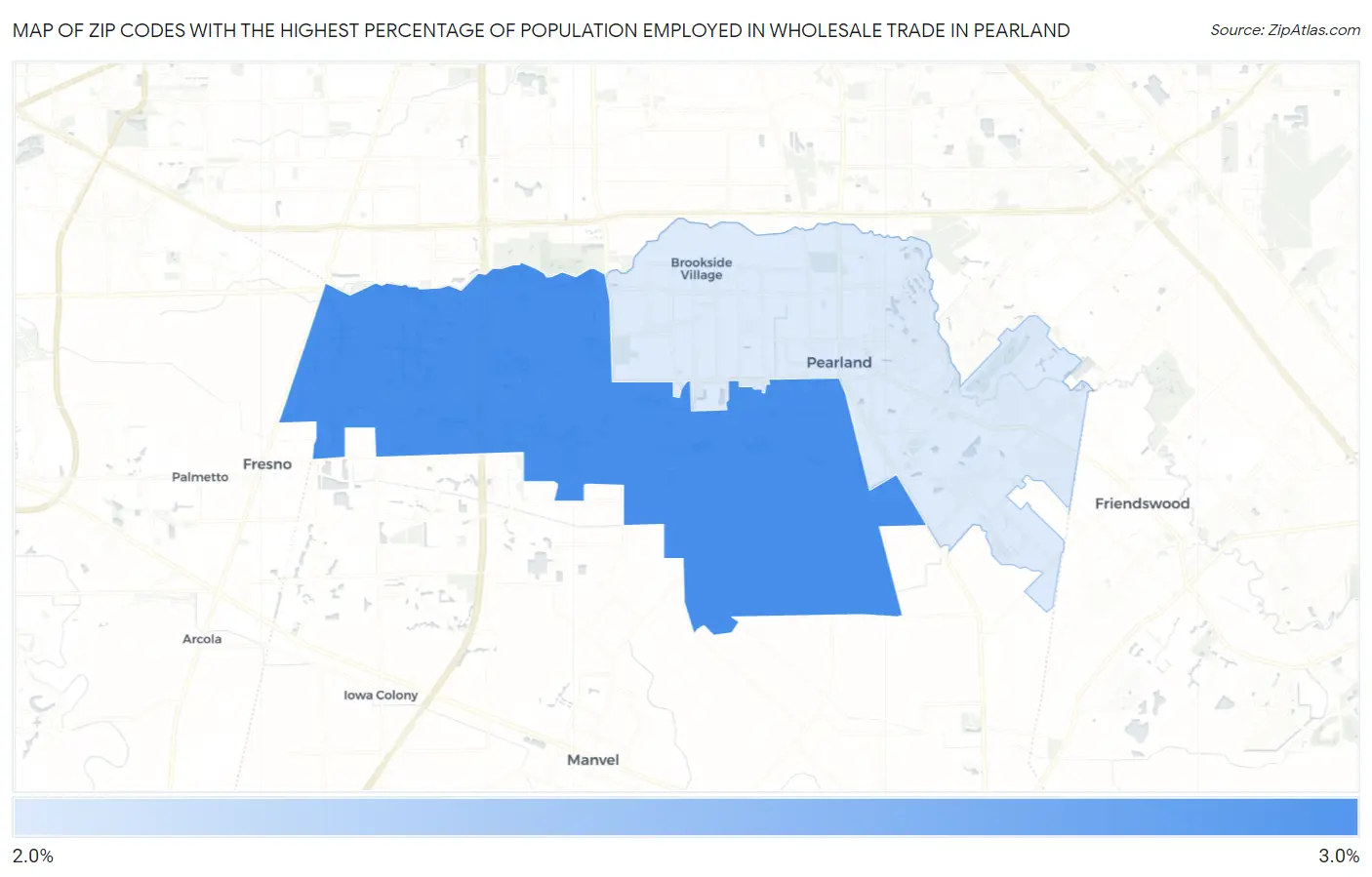 Zip Codes with the Highest Percentage of Population Employed in Wholesale Trade in Pearland Map
