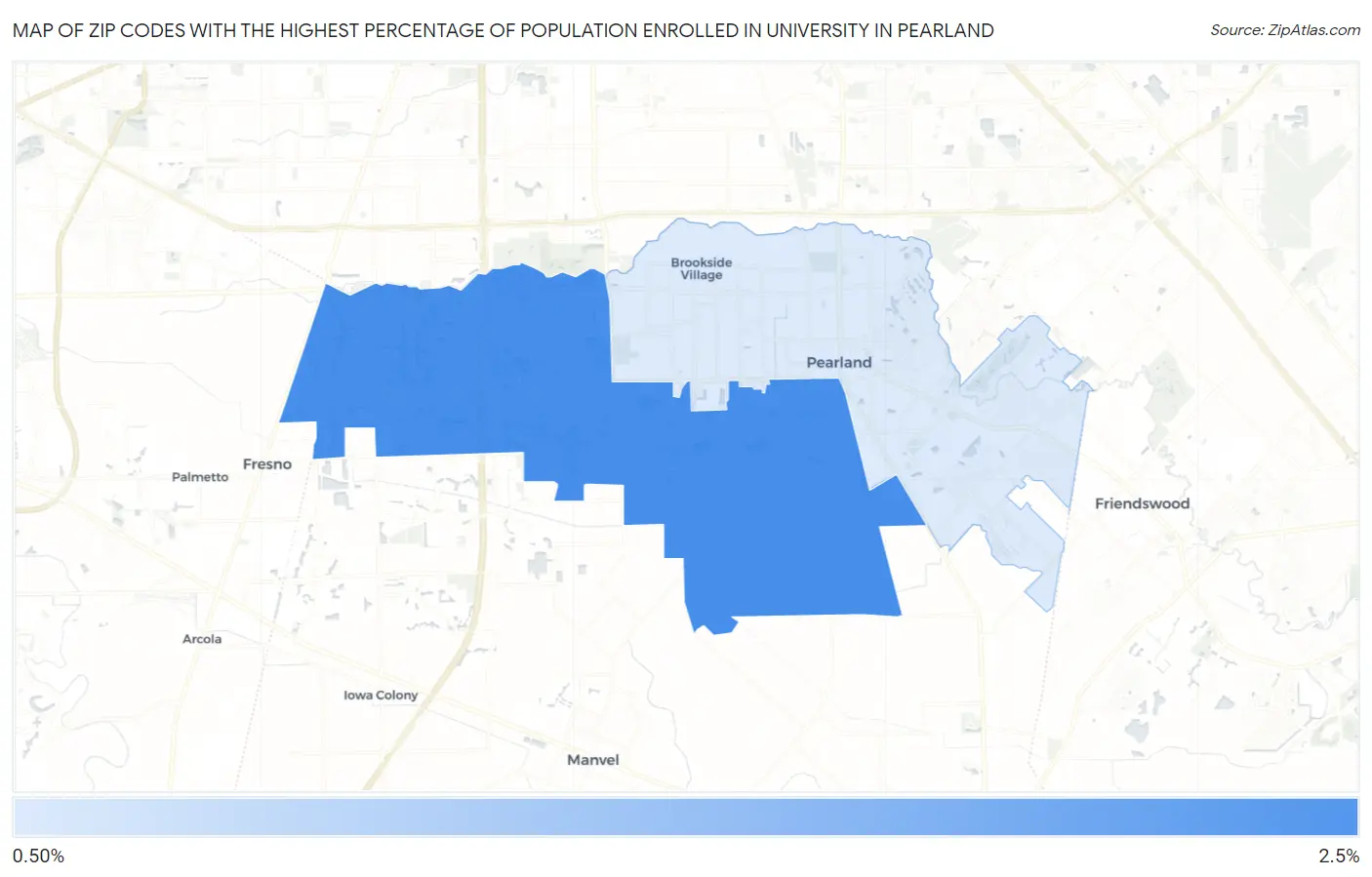 Zip Codes with the Highest Percentage of Population Enrolled in University in Pearland Map