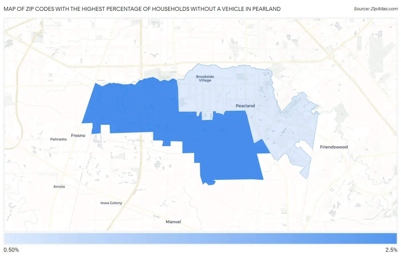 Zip Codes with the Highest Percentage of Households Without a Vehicle in Pearland Map