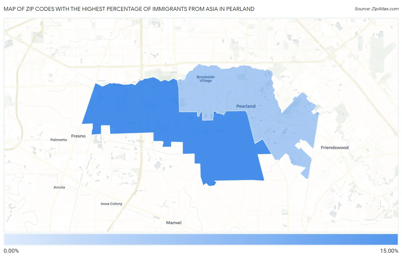 Zip Codes with the Highest Percentage of Immigrants from Asia in Pearland Map