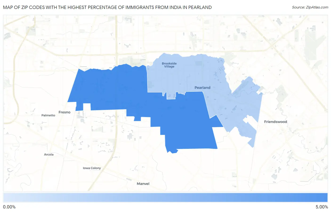 Zip Codes with the Highest Percentage of Immigrants from India in Pearland Map