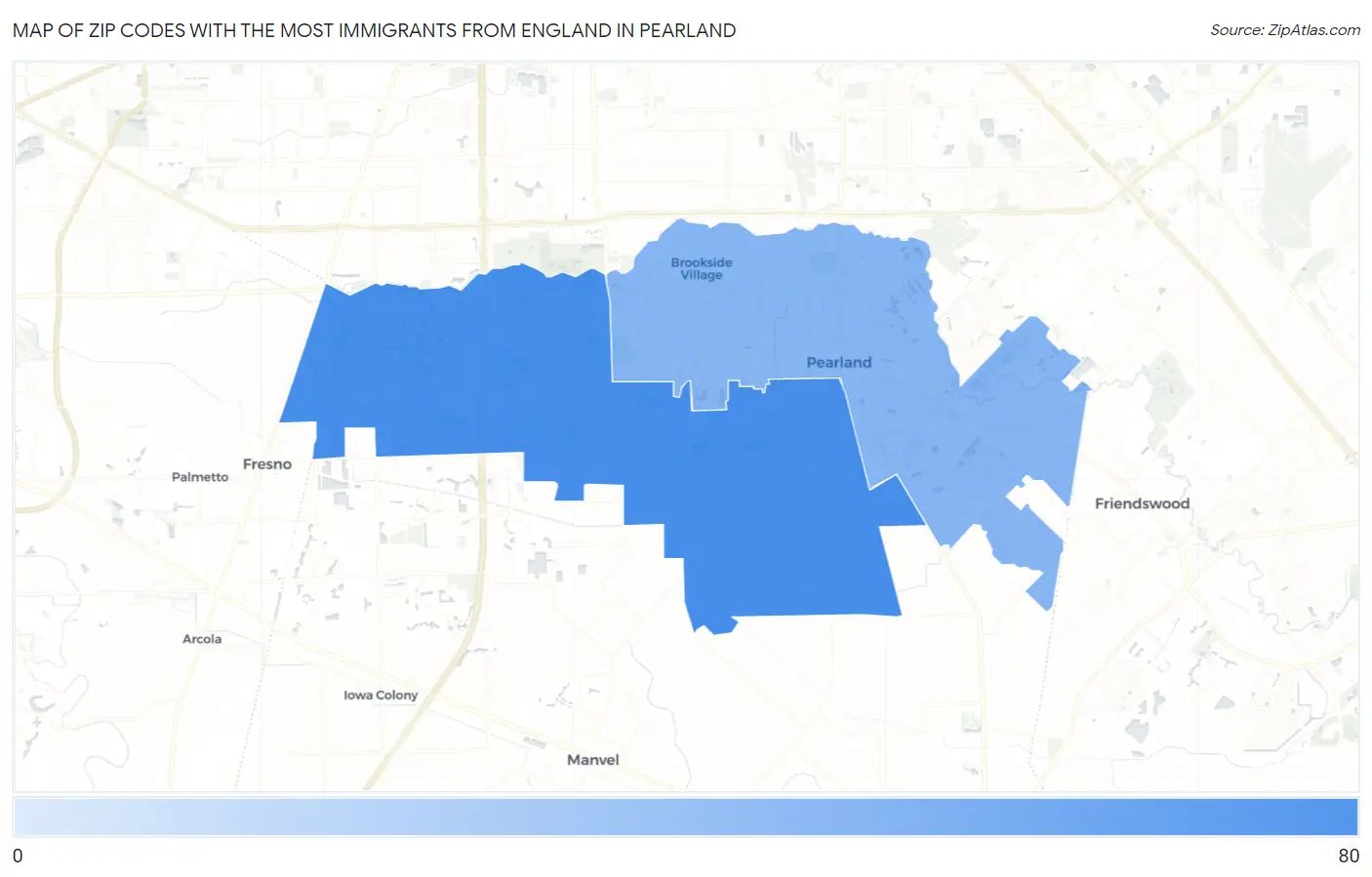 Zip Codes with the Most Immigrants from England in Pearland Map