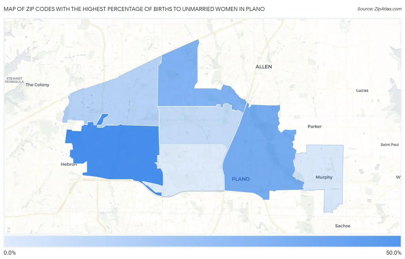 Zip Codes with the Highest Percentage of Births to Unmarried Women in Plano Map