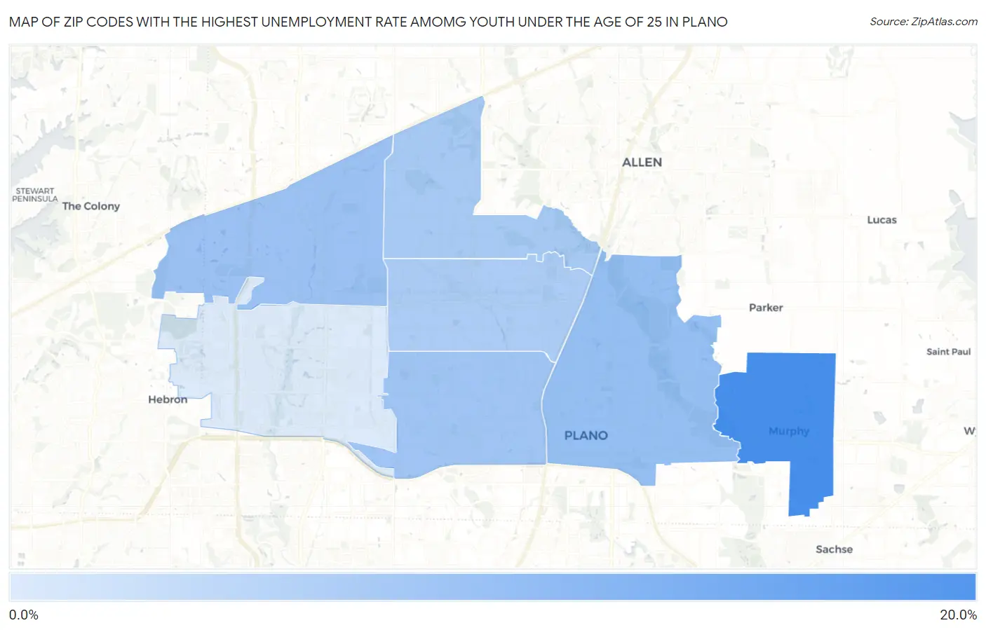 Zip Codes with the Highest Unemployment Rate Amomg Youth Under the Age of 25 in Plano Map