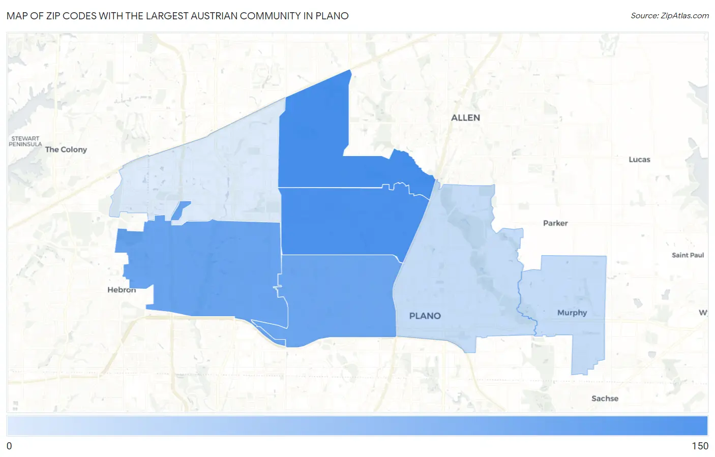 Zip Codes with the Largest Austrian Community in Plano Map