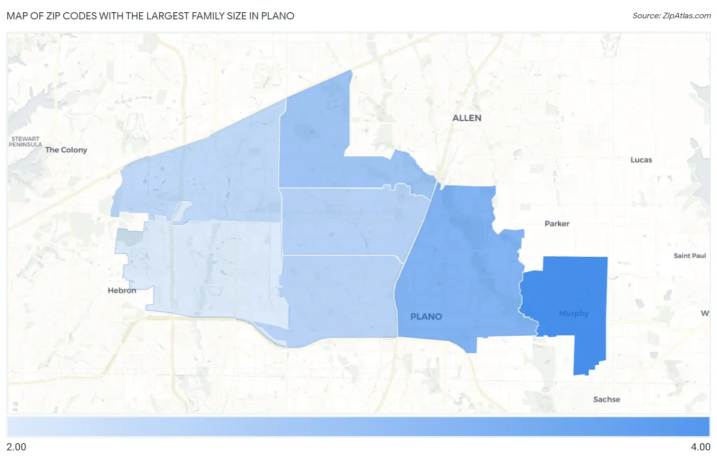 Zip Codes with the Largest Family Size in Plano Map