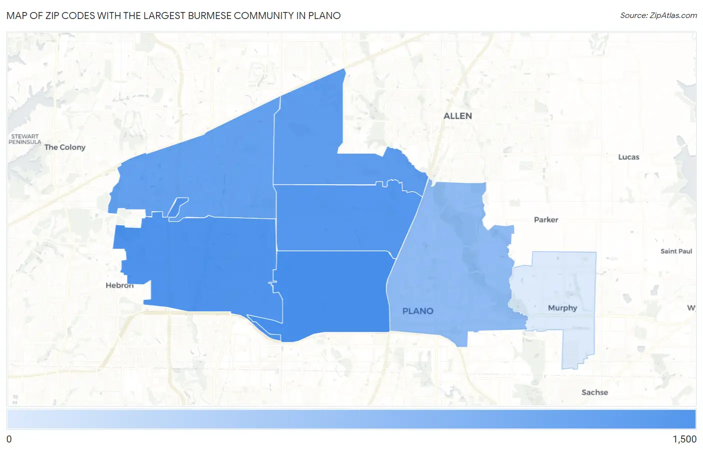 Zip Codes with the Largest Burmese Community in Plano Map