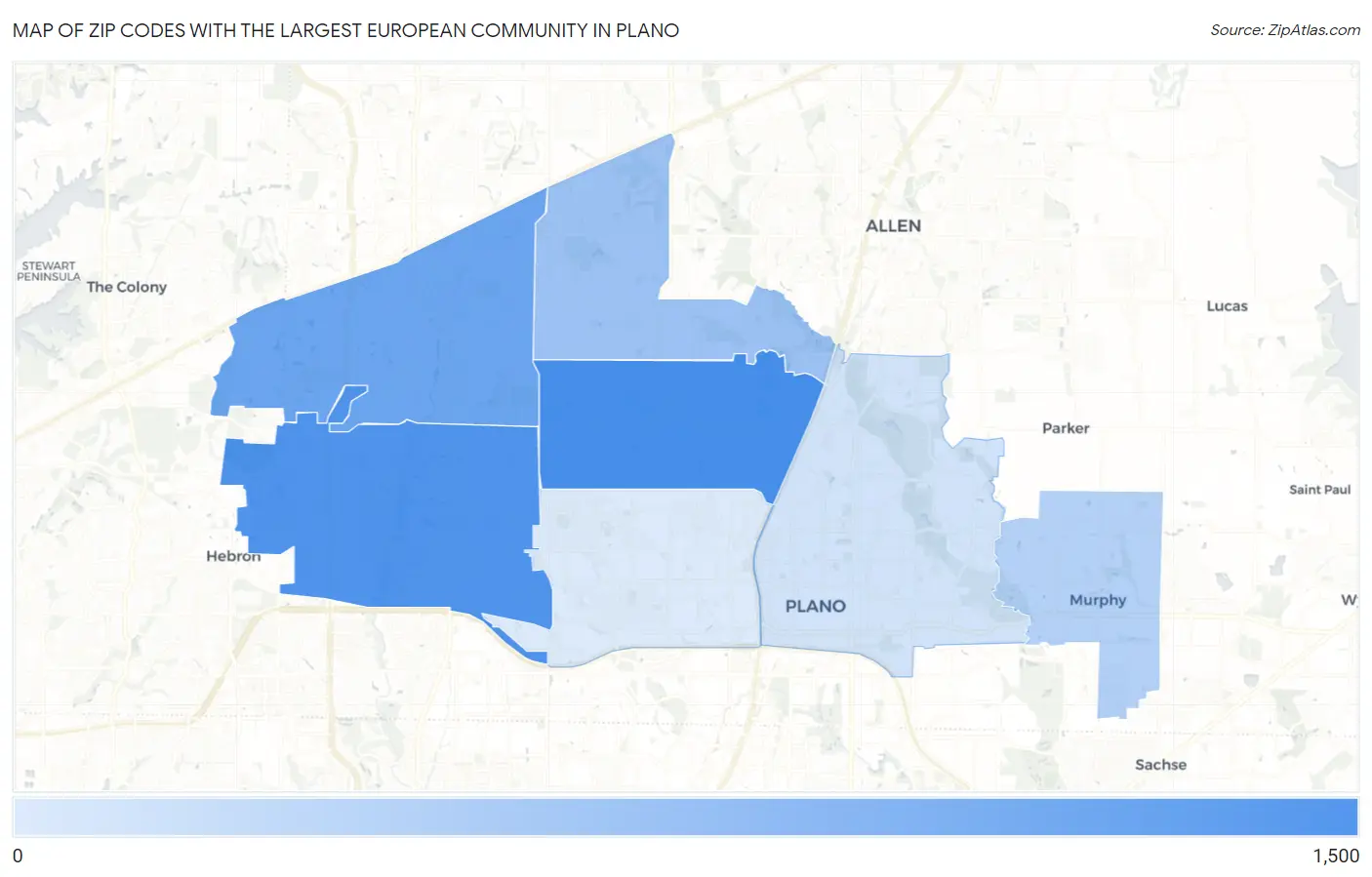 Zip Codes with the Largest European Community in Plano Map