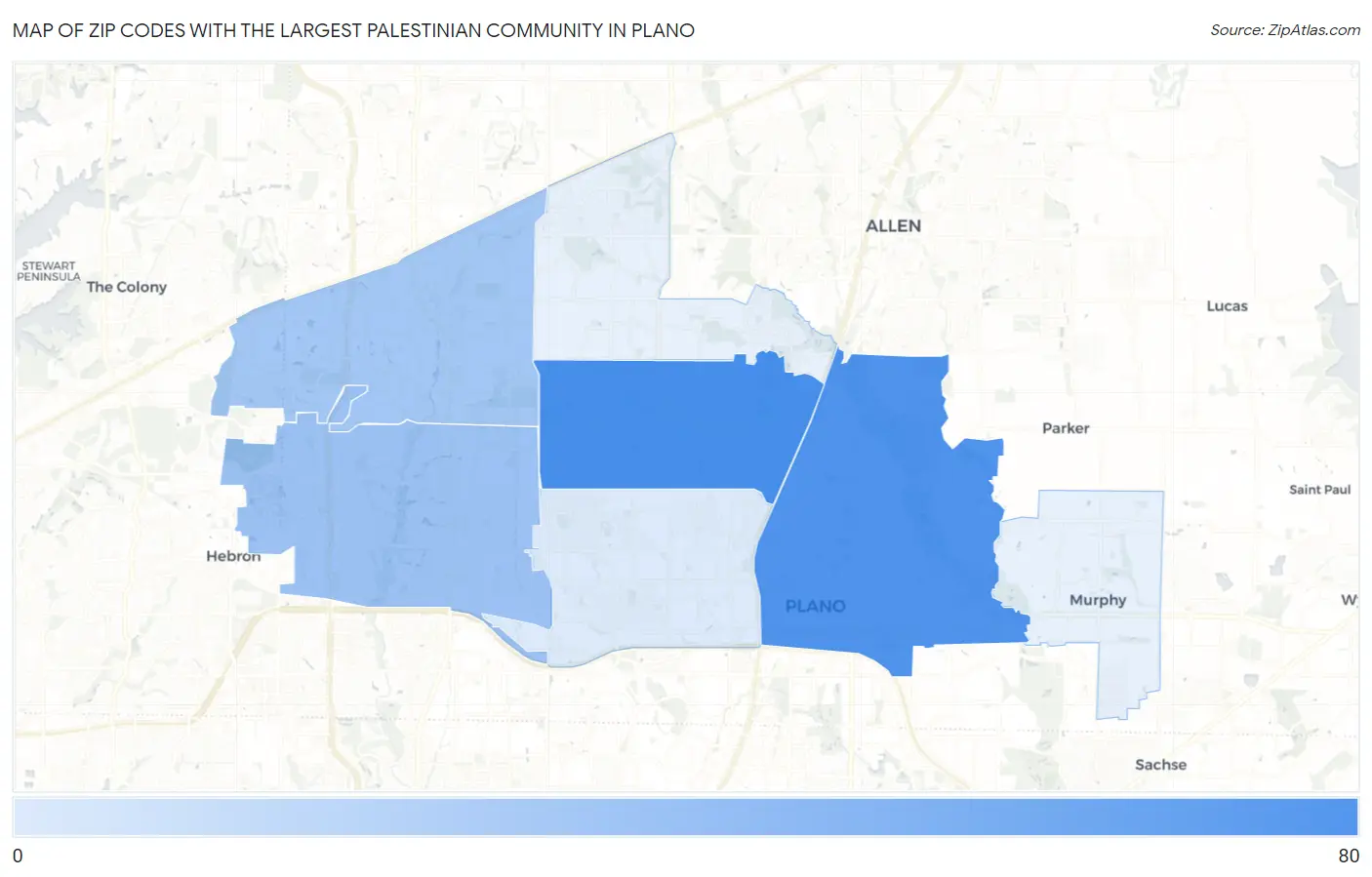 Zip Codes with the Largest Palestinian Community in Plano Map