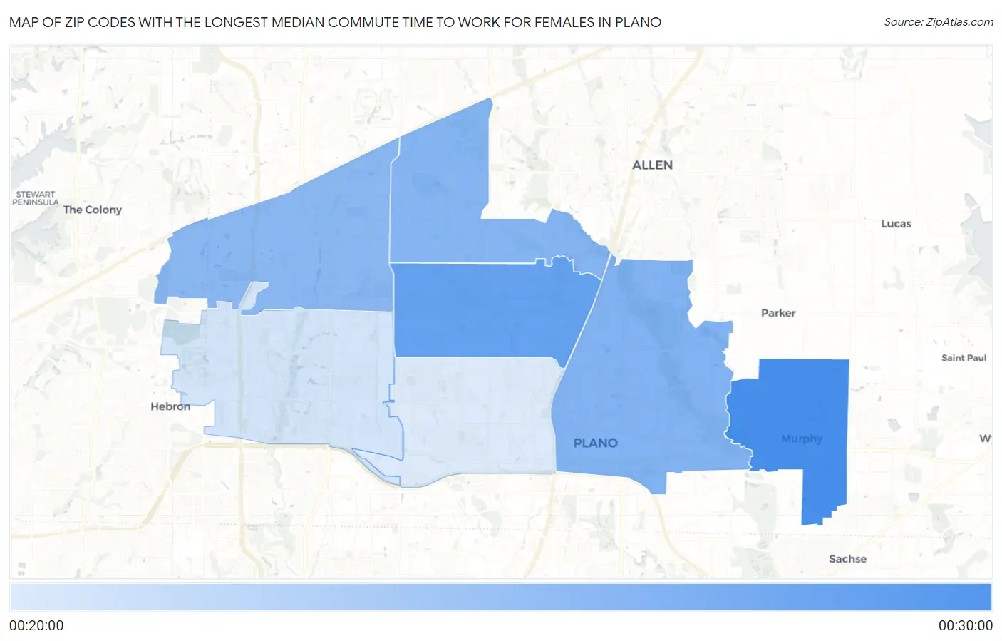 Zip Codes with the Longest Median Commute Time to Work for Females in Plano Map