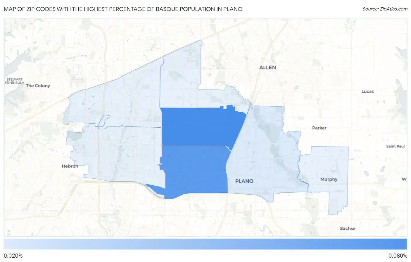Zip Codes with the Highest Percentage of Basque Population in Plano Map
