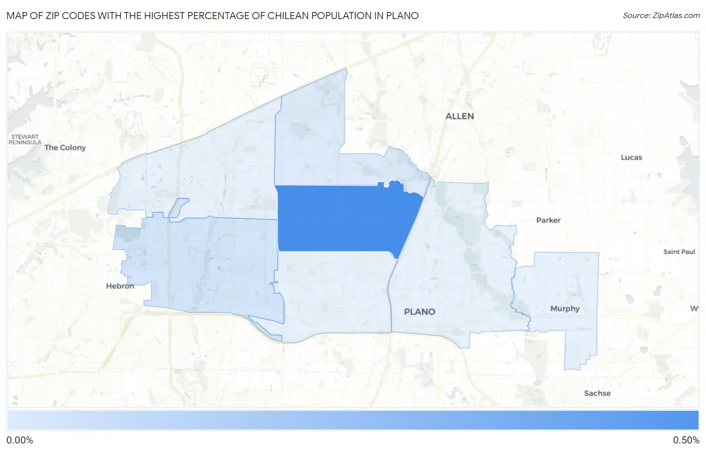 Zip Codes with the Highest Percentage of Chilean Population in Plano Map