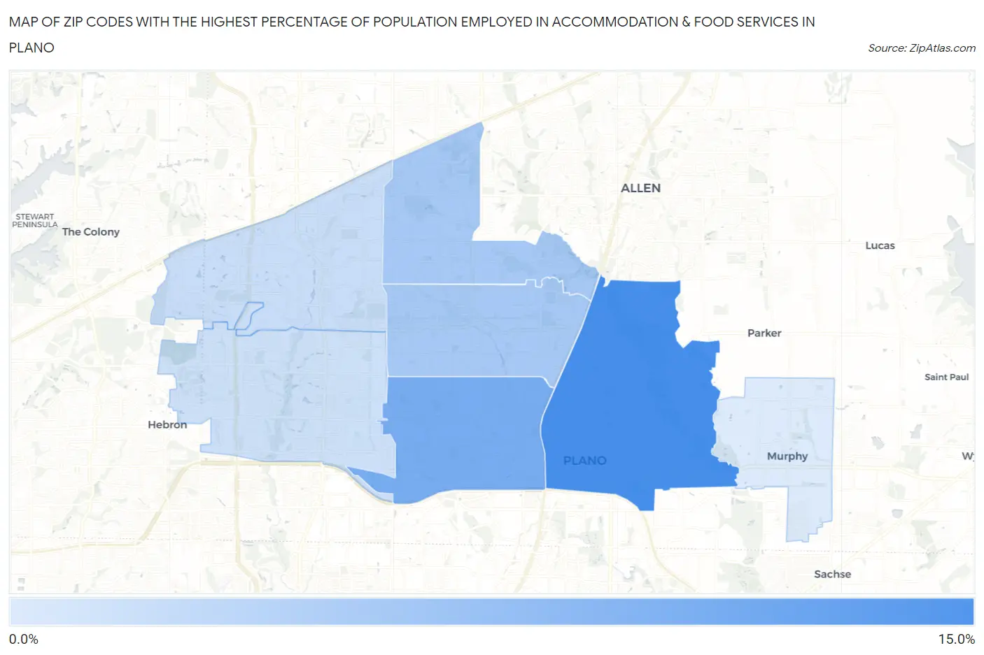 Zip Codes with the Highest Percentage of Population Employed in Accommodation & Food Services in Plano Map