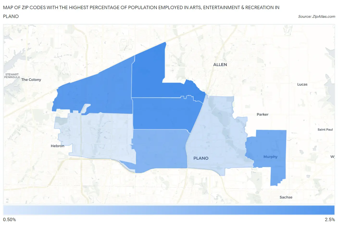 Zip Codes with the Highest Percentage of Population Employed in Arts, Entertainment & Recreation in Plano Map
