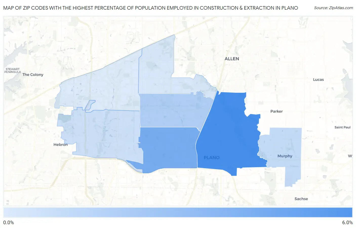 Zip Codes with the Highest Percentage of Population Employed in Construction & Extraction in Plano Map