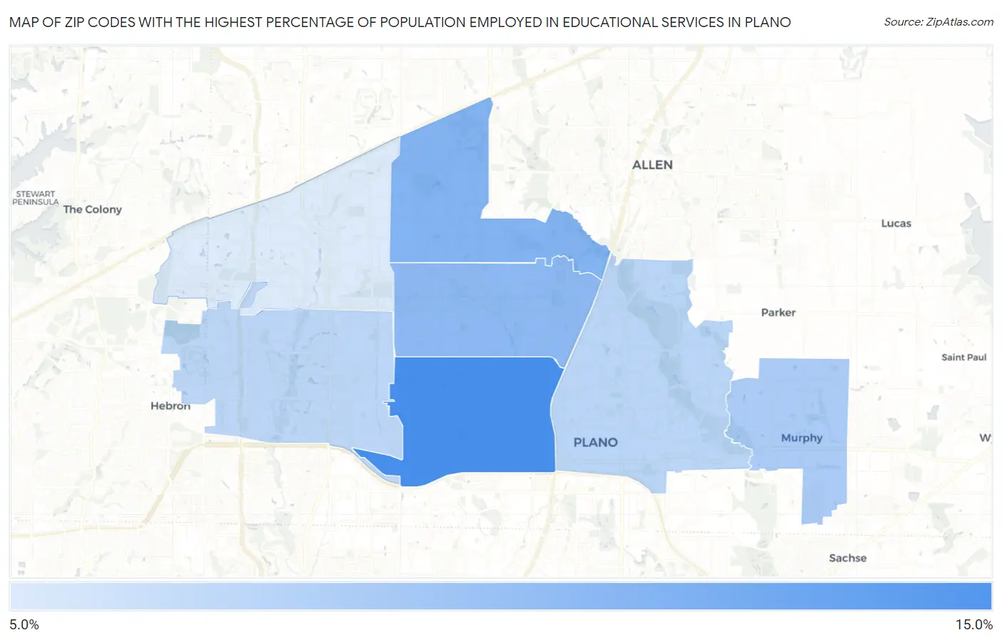 Zip Codes with the Highest Percentage of Population Employed in Educational Services in Plano Map