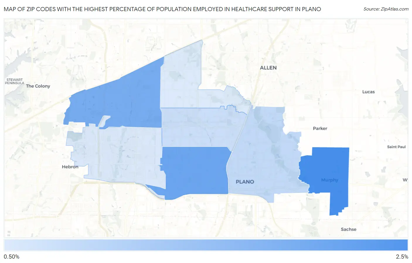 Zip Codes with the Highest Percentage of Population Employed in Healthcare Support in Plano Map