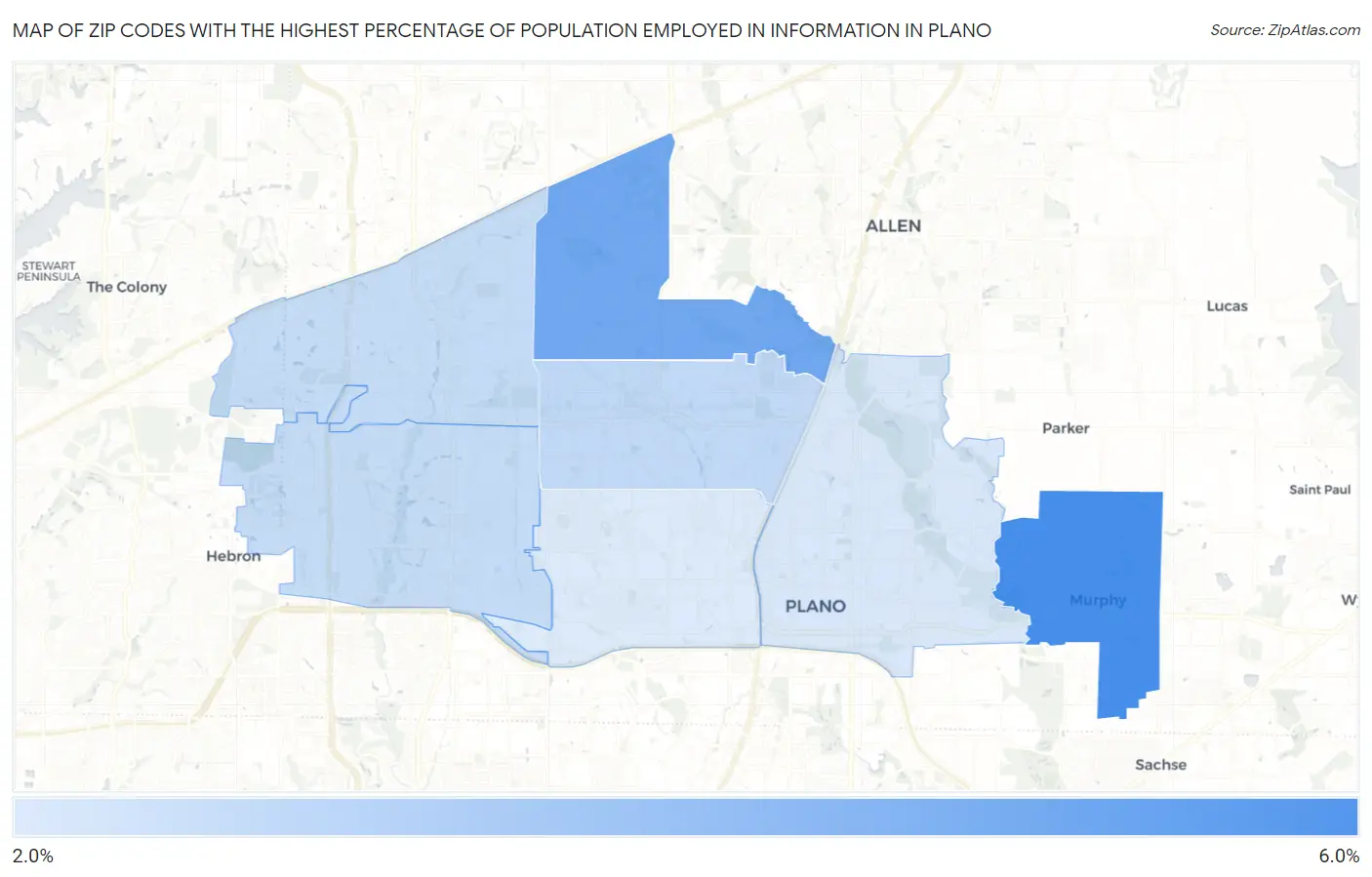 Zip Codes with the Highest Percentage of Population Employed in Information in Plano Map