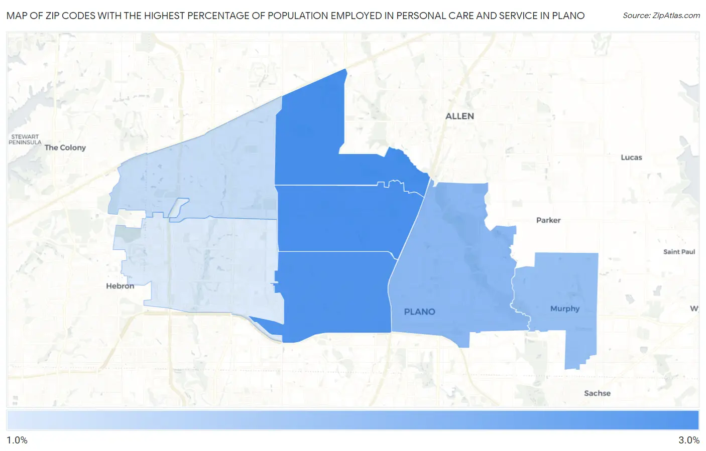 Zip Codes with the Highest Percentage of Population Employed in Personal Care and Service in Plano Map